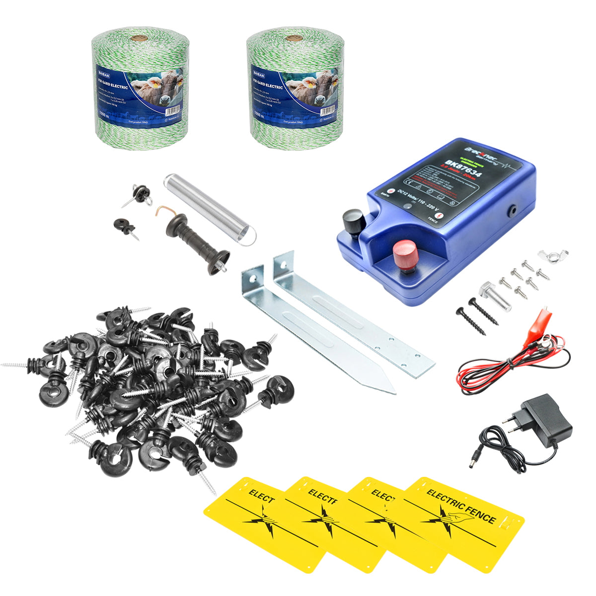 Complete electric fence kit 12/220V, 2 Joules, 2000m wire length, 100 insulators, gate kit and 4 warning signs Breckner Germany