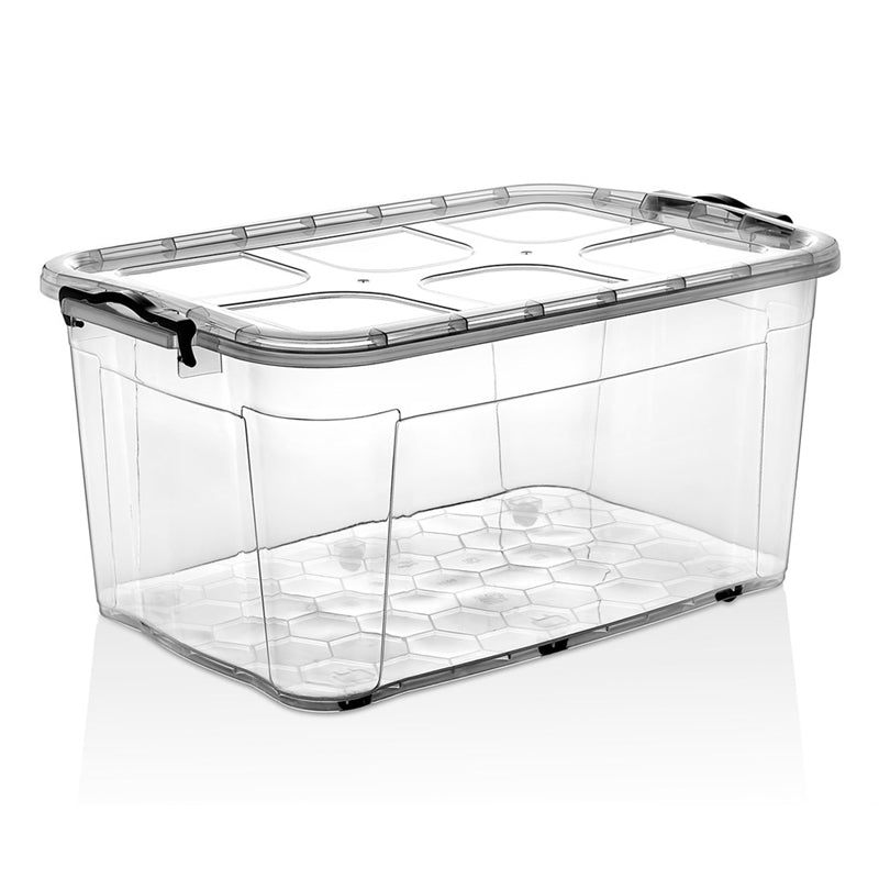 80L storage box with lid and wheels made of transparent plastic 478x750x370mm