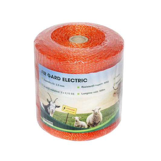 Roll of orange wire 2.5mm with metal insert 3x0.15mm SS, resistance 7.4 Ohm/m, 500m electric fence Mezofarm