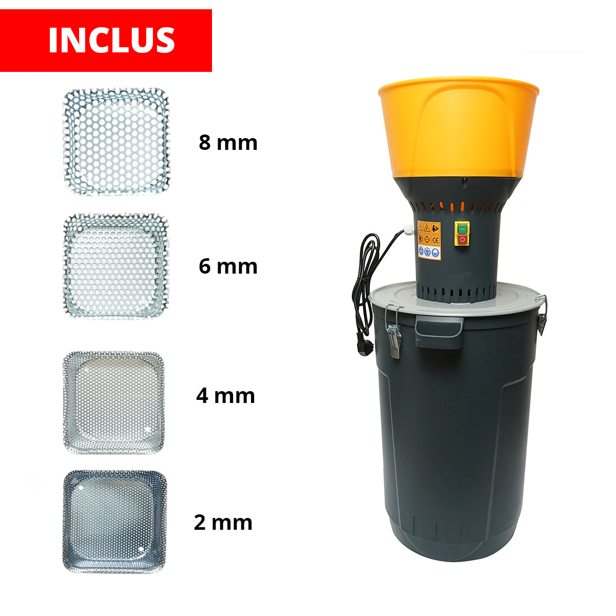 Electric grain mill 1.3 KW, 220V, 60L tank, 19000 rpm, capacity 350 Kg/h, 5 included screens