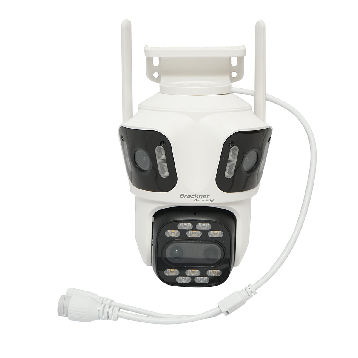 Surveillance camera with 4 lenses, 3 objectives 12 MP, dual control 2 CPU, P2P WIFI 2.4GHz, PTZ with motion sensor, color night vision, AI human detection and iCSee application.