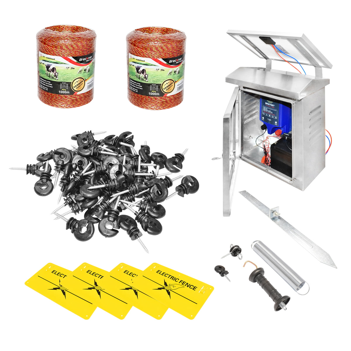 Complete electric fence kit 12V. 12 Joules with 30W solar panel. 12V/12Ah battery. wire length 2000M. 100 insulators, gate kit, 4 warning signs Breckner Germany.