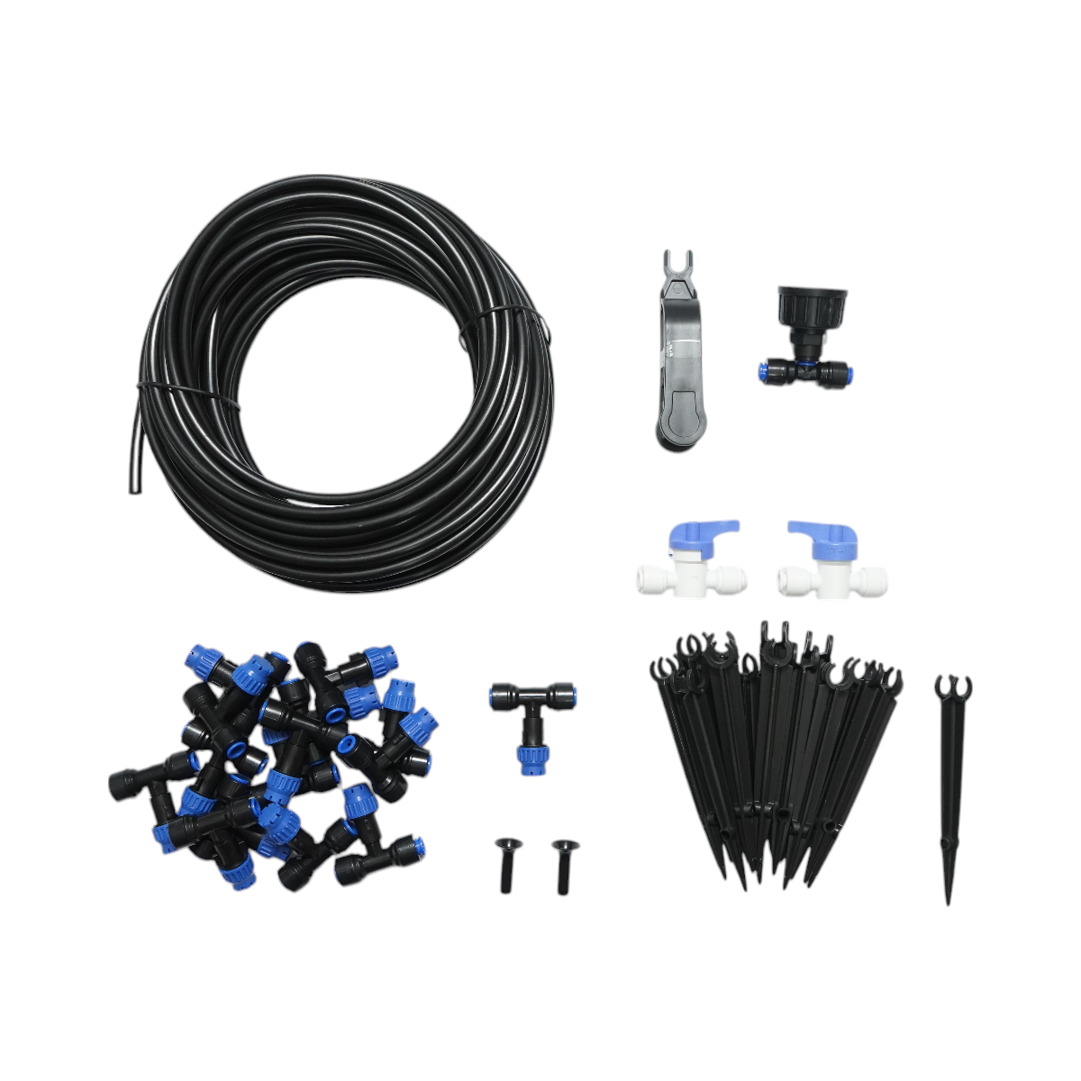 Complete drip irrigation kit with 19m hose, nozzles, taps, fixing rods, 37 pieces