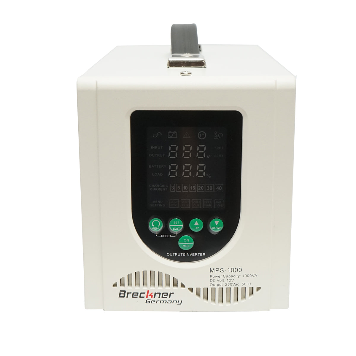 UPS with inverter for heating central 700W/1000VA, pure sine wave 12V/230V, 2 schuko sockets, LCD display, AVR Breckner Germany