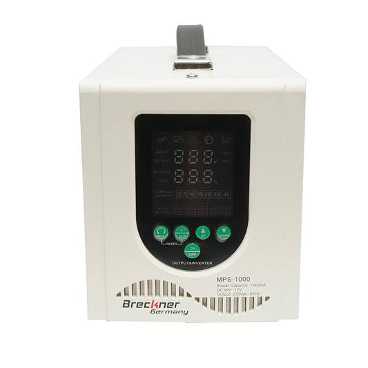 UPS with inverter for heating central 700W/1000VA, pure sine wave 12V/230V, 2 schuko sockets, LCD display, AVR Breckner Germany