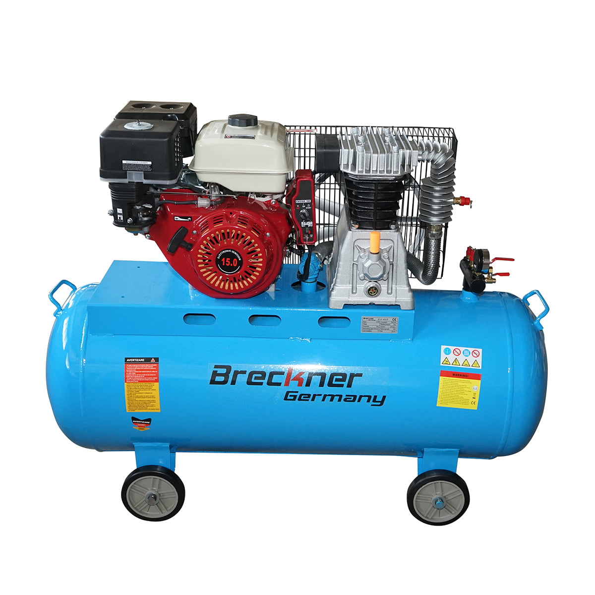 Air compressor 200L power 4.8kW/6.5HP pressure 8 Bar, flow rate 200L/min with 15HP gasoline engine and electric start Breckner Germany