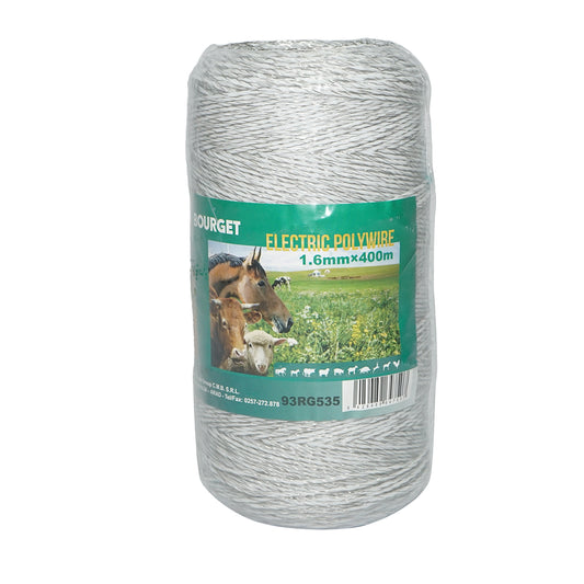 White wire roll 1.6mm 6x0.16mm SS, 400m electric fence, resistance 5.5 Ohm Bourget