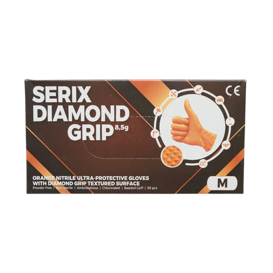 Unpowdered orange nitrile gloves with diamond grip texture, size M, 50 pieces/box