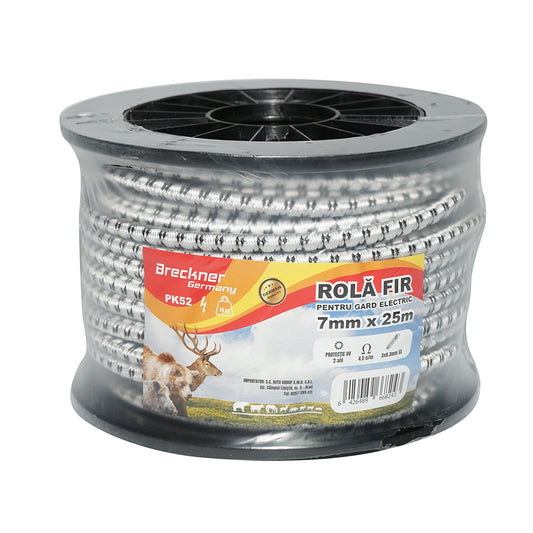 Roll of black-white elastic wire 7mm, 3x0.3mm SS stainless steel, 4.5 Ohm/m 25m electric fence Breckner Germany