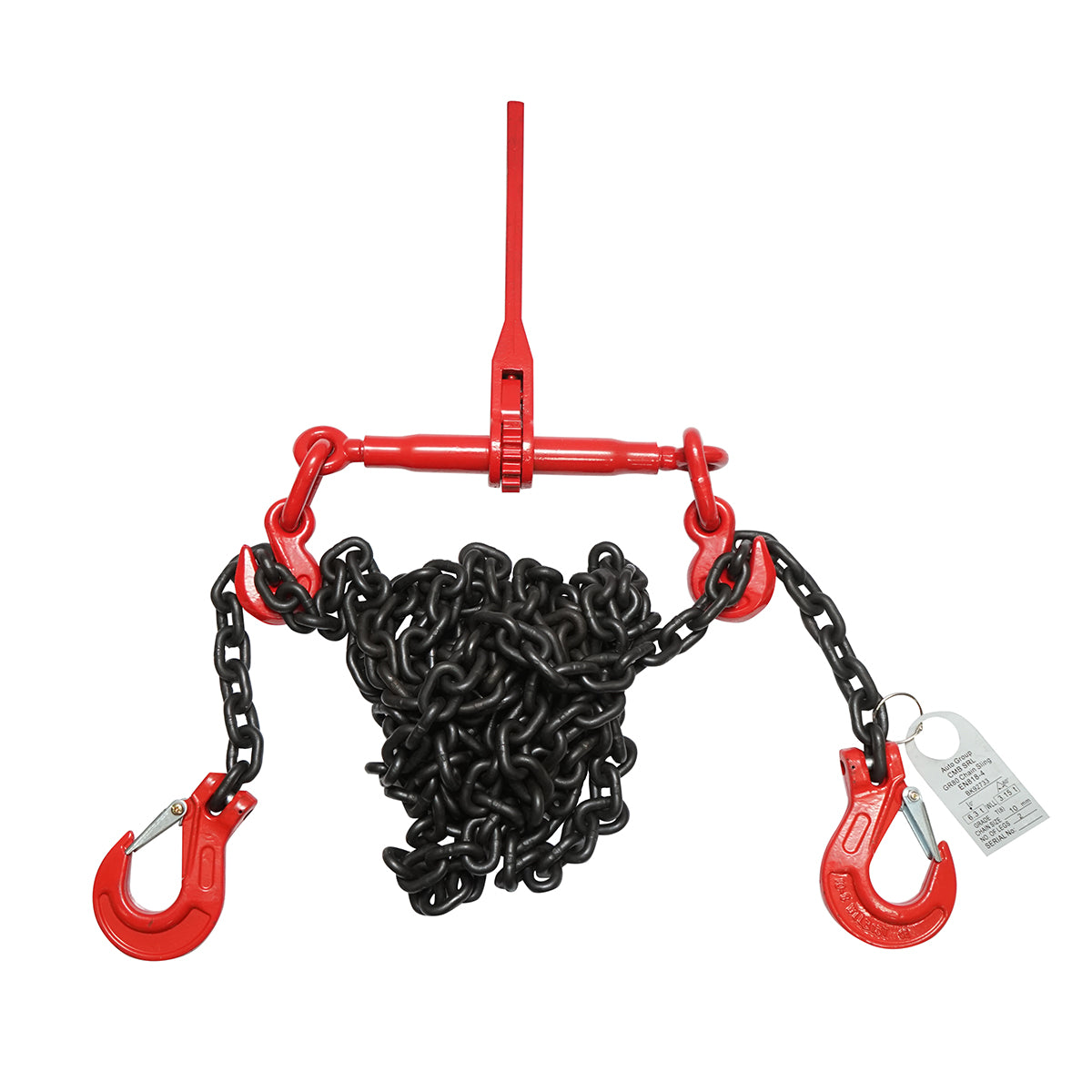 Anchor chain for heavy equipment with ratchet tensioning device, supported weight 6.3T, chain length 6m, link thickness 10mm.