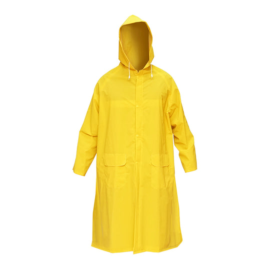 Waterproof XXXL poncho with hood made of polyester and PVC, featuring ventilation slots, 2 pockets, and a yellow zipper by Breckner Germany.