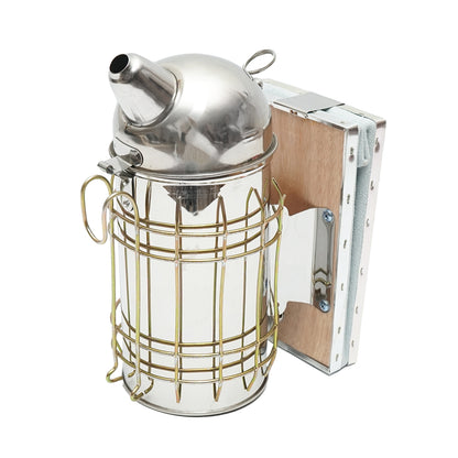 Smoker for bees made of stainless steel with a thermal shield cylinder and leather bellows 160mm