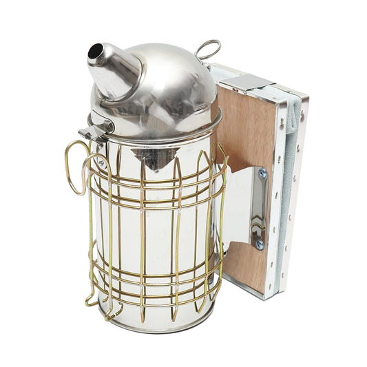 Smoker for bees made of stainless steel with a thermal shield cylinder and leather bellows 160mm