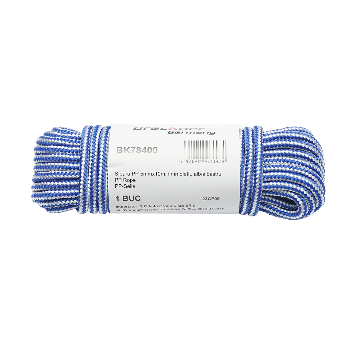 5mm x 10m braided PP rope, white/blue Breckner Germany