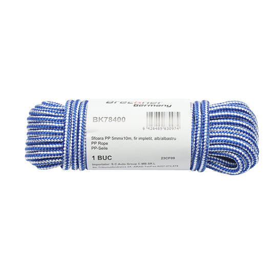 5mm x 10m braided PP rope, white/blue Breckner Germany