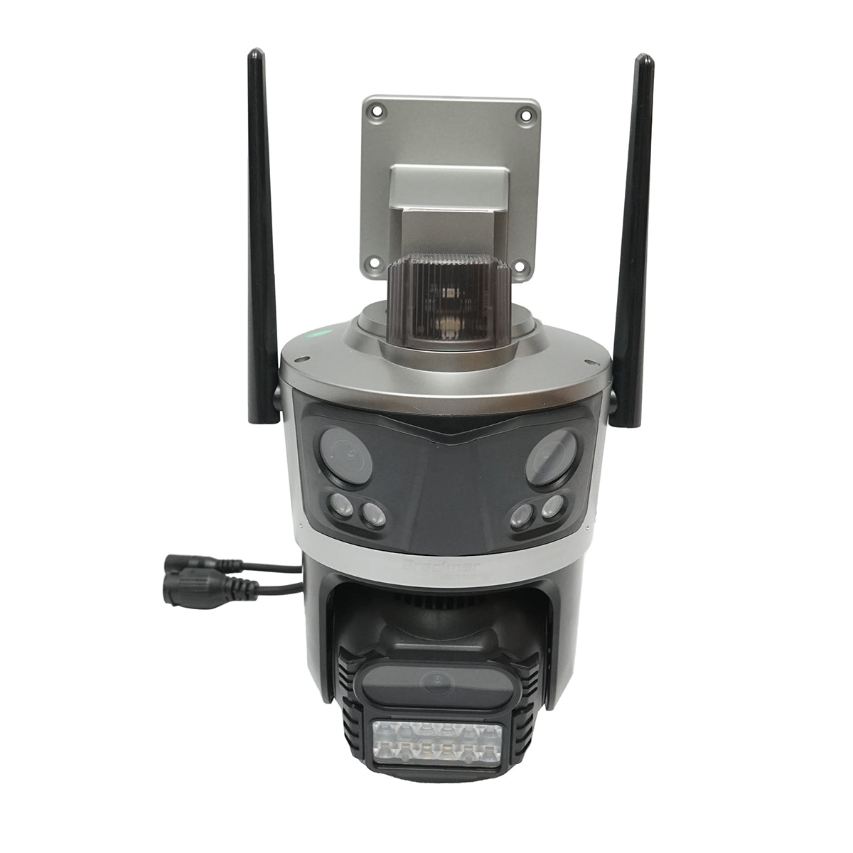Surveillance camera with 3 lenses, 3 objectives 8 MP, 2 dual control CPUs, P2P WIFI 2.4G, PTZ with motion sensor, alarm, night vision, AI human detection, and iCSee application.
