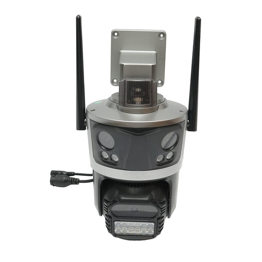 Surveillance camera with 3 lenses, 3 objectives 8 MP, 2 dual control CPUs, P2P WIFI 2.4G, PTZ with motion sensor, alarm, night vision, AI human detection, and iCSee application.