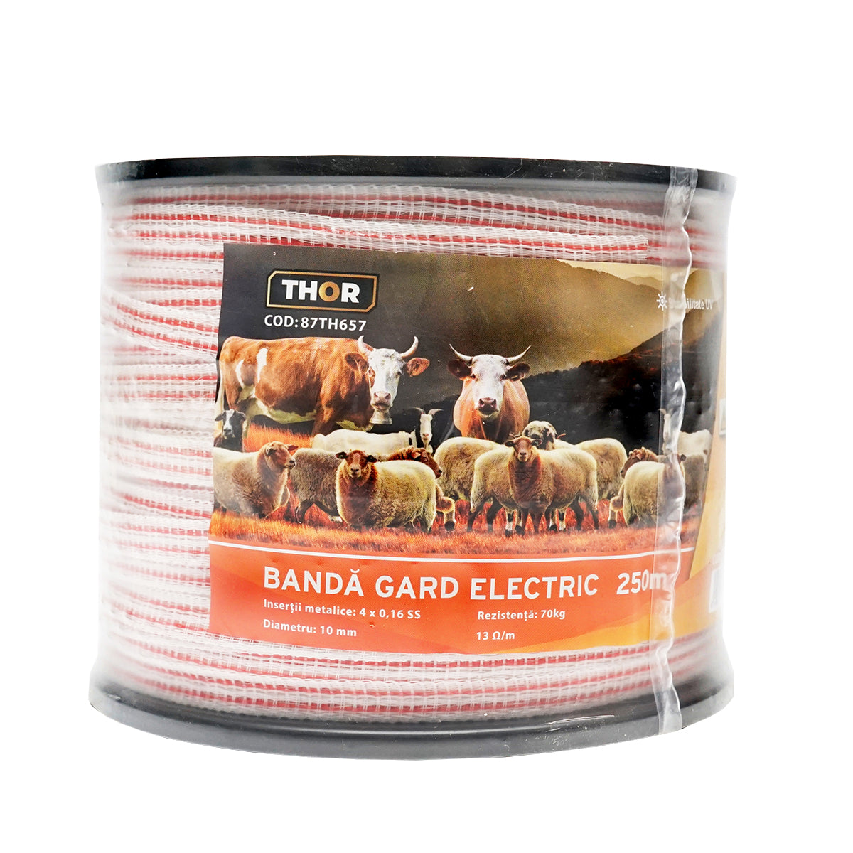Red-white band roll 10mm with metal insert 4x0.16mm SS, resistance 13 Ohm/m, 250m electric fence Thor