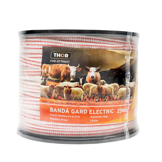 Red-white band roll 10mm with metal insert 4x0.16mm SS, resistance 13 Ohm/m, 250m electric fence Thor
