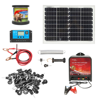 Complete 12V electric fence kit, 14 Joules, 1000m wire with 20W solar panel and 100 insulators Breckner Germany