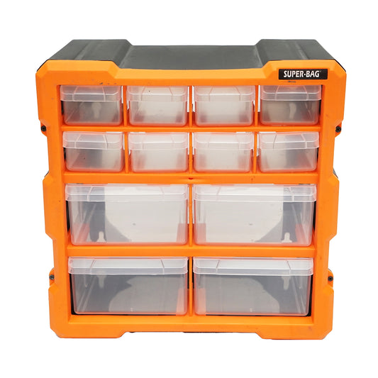 Modular orange plastic storage box, 12 drawers 267x262x157mm Breckner Germany