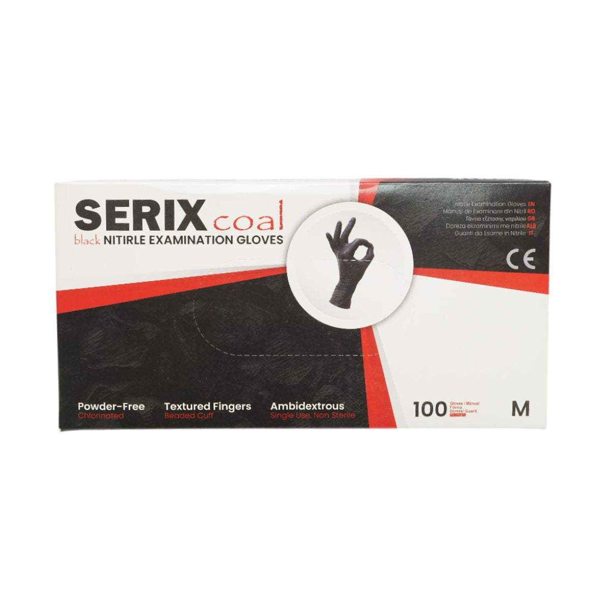 Black powder-free nitrile gloves with textured grip on fingers, size M, 100 pcs/box