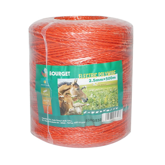 Roll of orange wire 2.5mm 3x0.15mm SS, 500m electric fence, resistance 15 Ohm Bourget