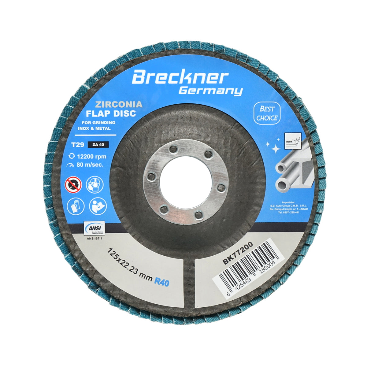 Zirconium abrasive grinding disc for cutting and polishing metal, stainless steel P40, 125mm Breckner Germany