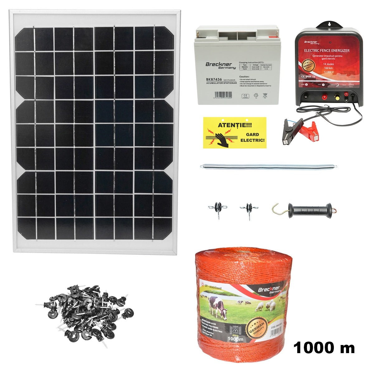 Complete electric fence kit 12V 14 Joules with 20W solar panel, 1000m wire length, 100 insulators, gate kit, and battery 1x12V/17Ah Breckner Germany