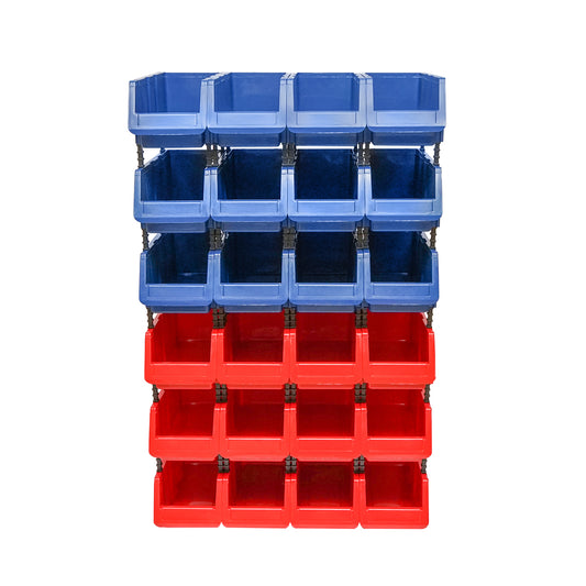 Stand with 24 boxes for storage/organization, red plastic box, blue, 700x400x1150mm