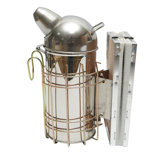 Smoker for bees made of stainless steel with a thermal shield cylinder and leather bellows 210mm