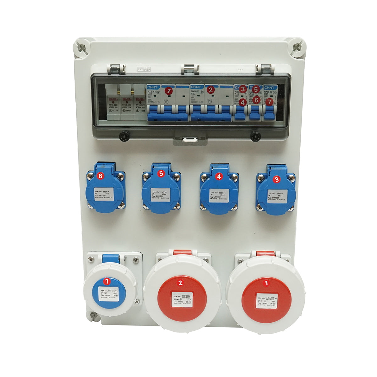 Group socket panel for site organization 4x230V/16A, 2x400V/32A, 1x250V/16A, 12 modules 400x300x186mm IP67 SUNTREE