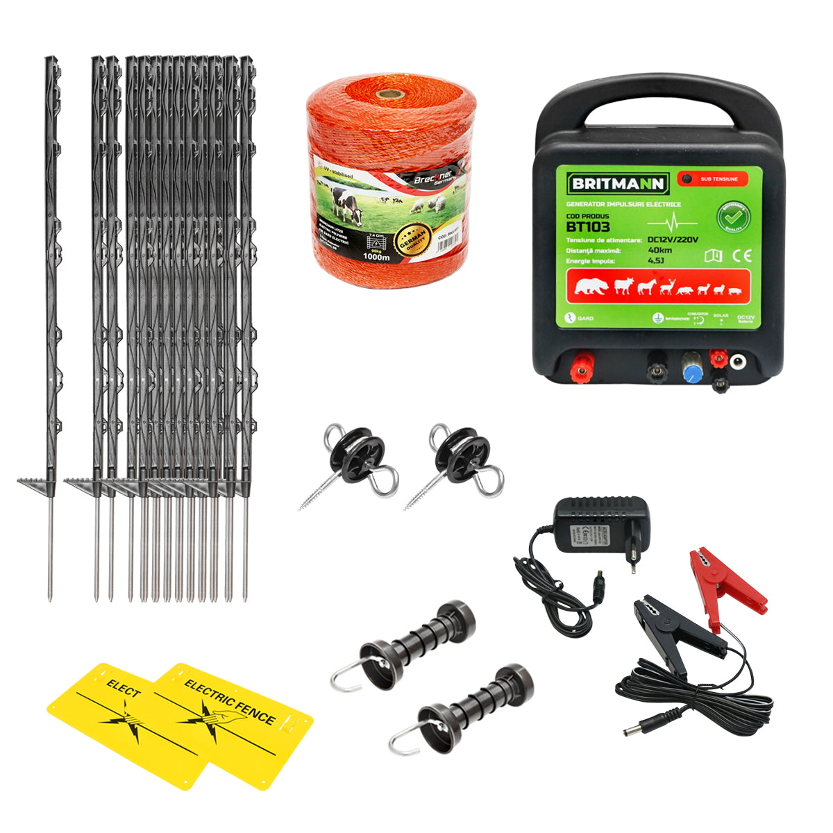 Complete electric fence kit 12/220V, 4.5 Joules, 1000m wire length, 50 poles and warning signs Britmann.