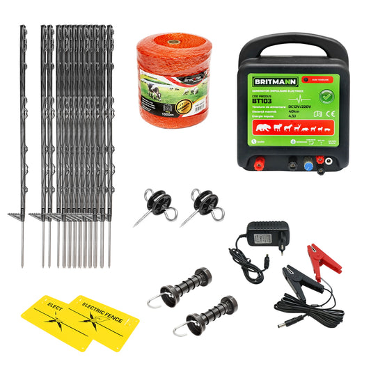 Complete electric fence kit 12/220V, 4.5 Joules, 1000m wire length, 50 poles and warning signs Britmann.