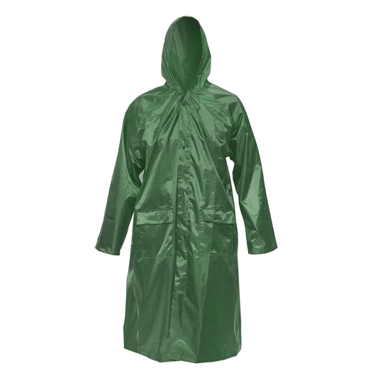 XXL waterproof hooded poncho made of polyester with PVC membrane, ventilation slits, 2 pockets, and green zipper from Breckner Germany.