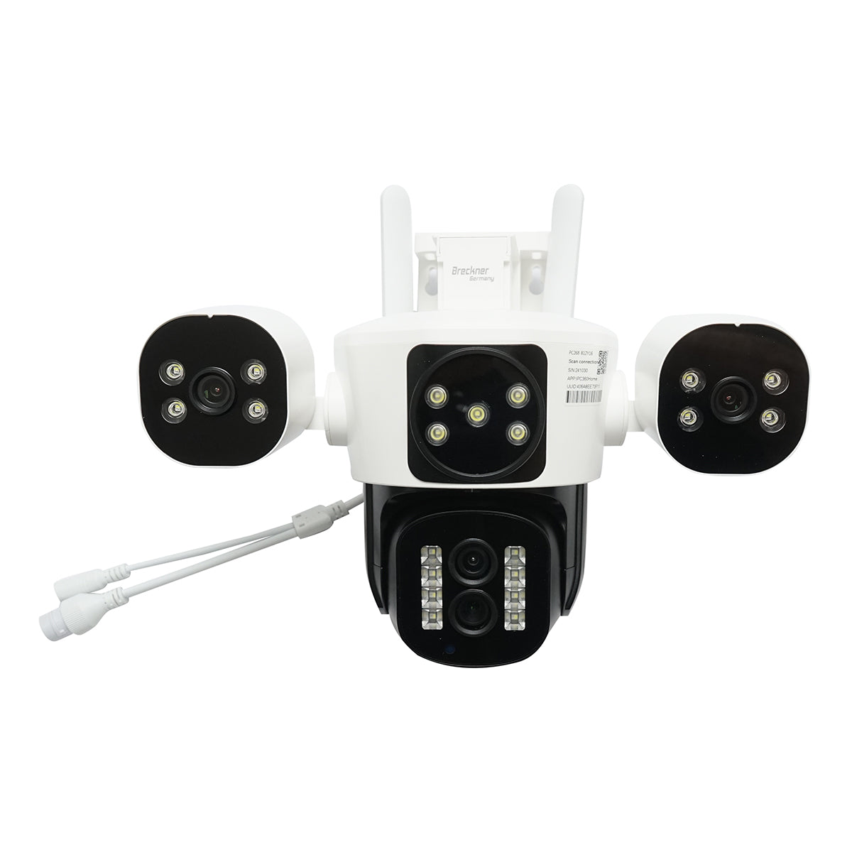 4-lens surveillance camera, 3 objectives 16 MP, WIFI 2.4GHz, 360-degree PTZ rotation with motion sensor, 10X zoom, alarm, IR night vision, human detection and IPC360 Home app.