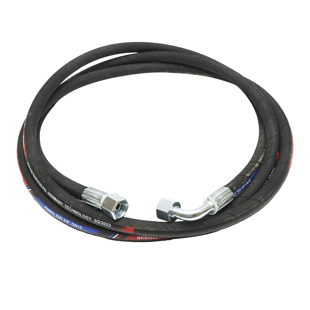 Pressure hose 3400mm hydraulic 2SN DN10 certified with 90-degree fittings M20x1.5 and straight fitting M20x1.5