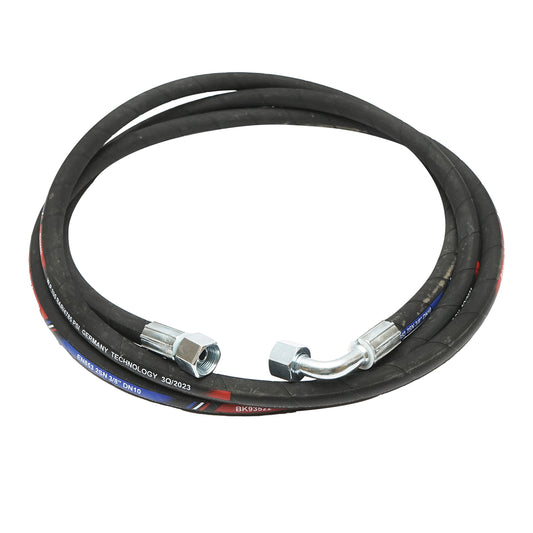 Pressure hose 3400mm hydraulic 2SN DN10 certified with 90-degree fittings M20x1.5 and straight fitting M20x1.5