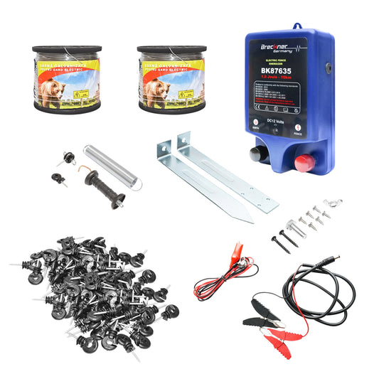 Complete 12V electric fence kit, 2 Joules, 1000m wire length, 100 insulators, and gate kit from Breckner Germany.