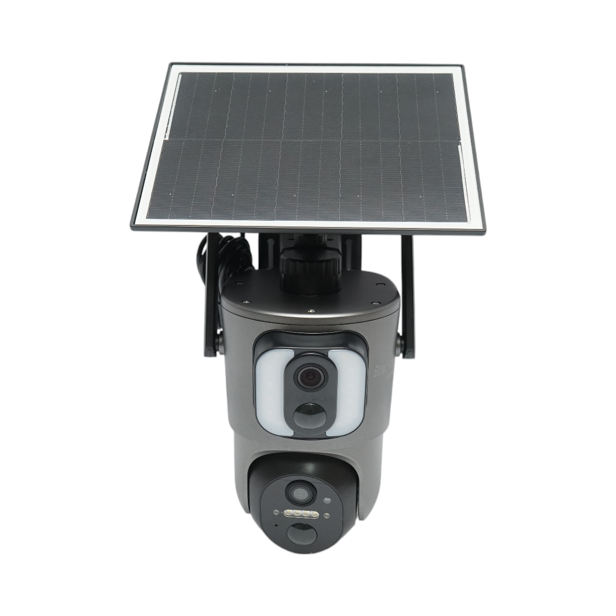 Surveillance camera with dual lens 6MP, 4G, WIFI 2.4 GHz with solar panel, 13500 mAh battery, PTZ control, motion sensor, human detection PIR, smart IR night vision, and Ubox application.