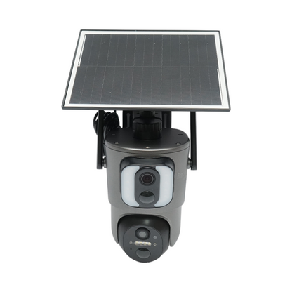 Surveillance camera with dual lens 6MP, 4G, WIFI 2.4 GHz with solar panel, 13500 mAh battery, PTZ control, motion sensor, human detection PIR, smart IR night vision, and Ubox application.