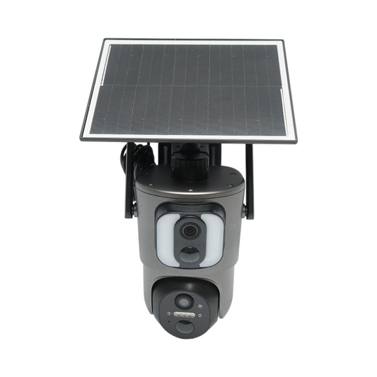 Surveillance camera with dual lens 6MP, 4G, WIFI 2.4 GHz with solar panel, 13500 mAh battery, PTZ control, motion sensor, human detection PIR, smart IR night vision, and Ubox application.