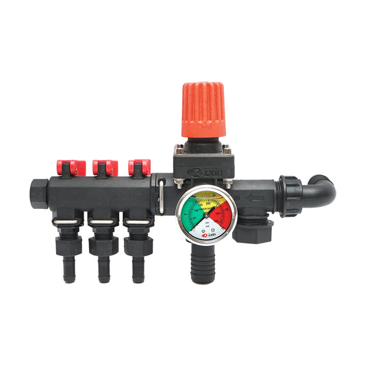 Distributor with 3 outlets and glycerin manometer for herbicide sprayer.