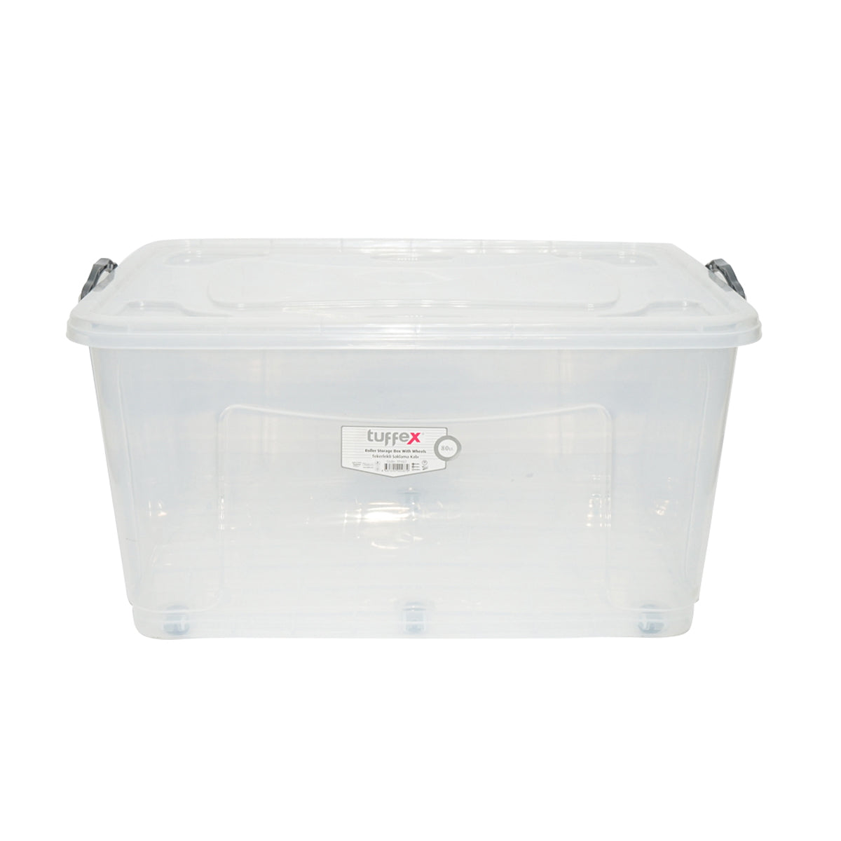 80L storage box with lid and wheels made of transparent plastic 725x470x360mm