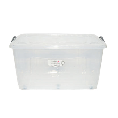 80L storage box with lid and wheels made of transparent plastic 725x470x360mm