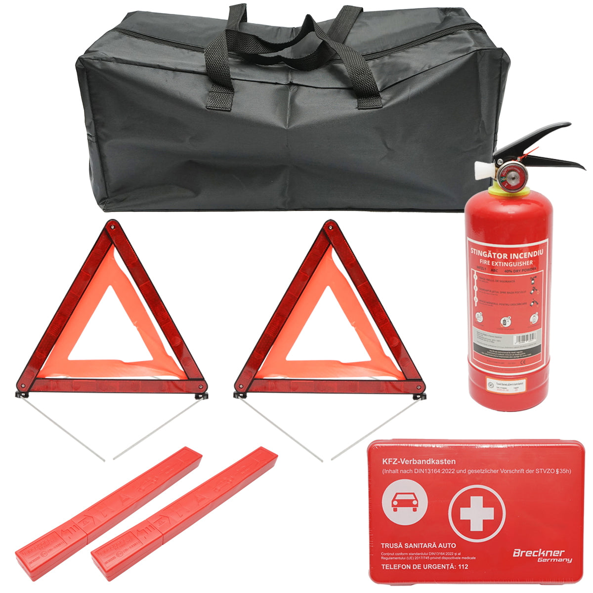 Car safety kit, mandatory legislative package for first aid, medical kit, fire extinguisher, 2 warning triangles Breckner Germany