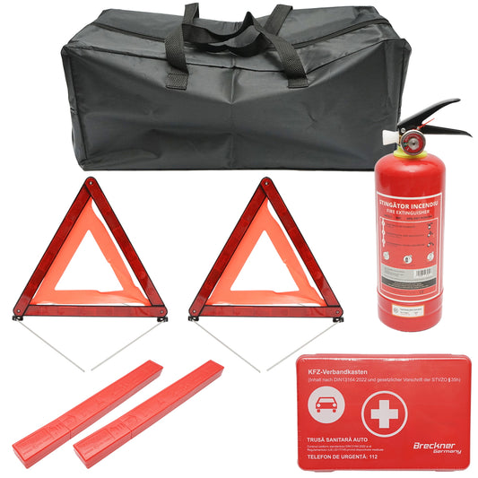 Car safety kit, mandatory legislative package for first aid, medical kit, fire extinguisher, 2 warning triangles Breckner Germany
