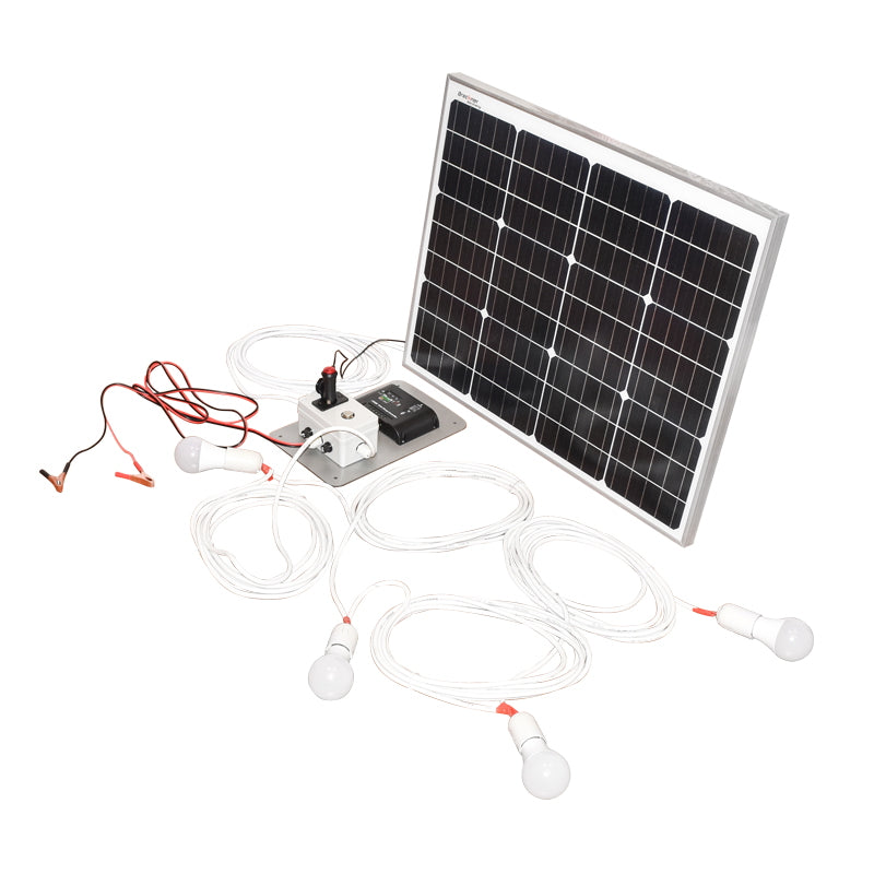 Set of 50W monocrystalline photovoltaic solar panel 670x540x30mm 12-24V cigarette lighter socket with 4 lamps 9W Breckner Germany