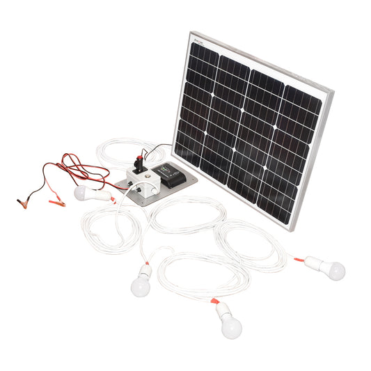 Set of 50W monocrystalline photovoltaic solar panel 670x540x30mm 12-24V cigarette lighter socket with 4 lamps 9W Breckner Germany