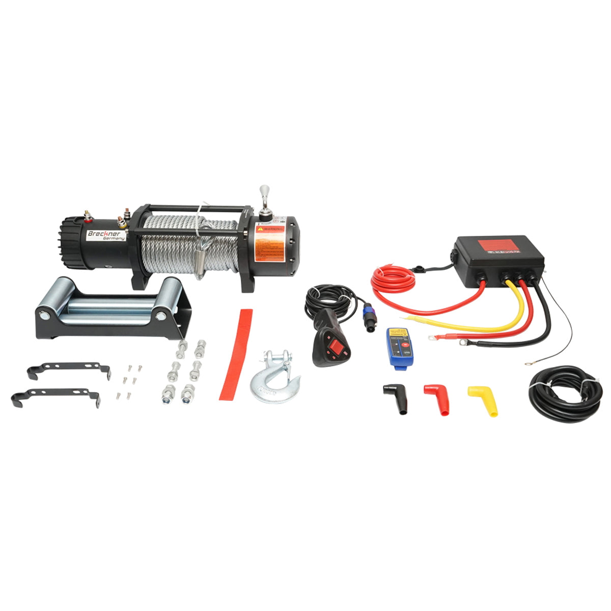 Electric winch with remote control 12V, 5 hp, 4.3T (9500lbs) steel cable 9x24m solenoid 400A Breckner Germany